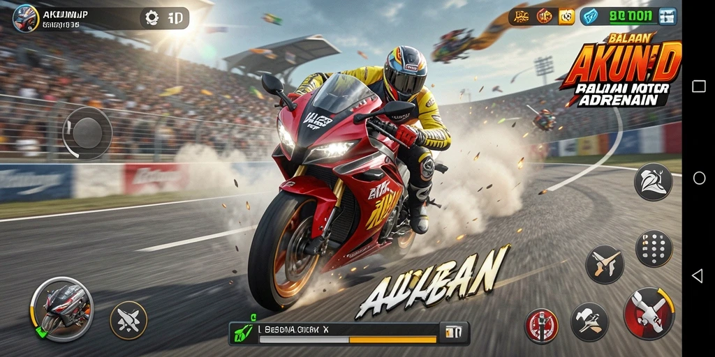 Screenshot AKUNJP menampilkan balapan motor yang seru dan grafis menawan.