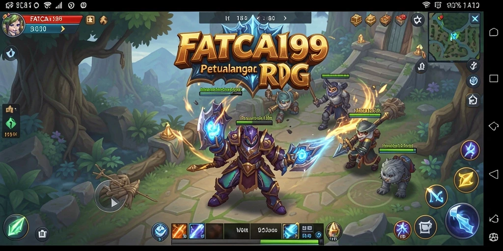 Screenshot gameplay RPG menampilkan karakter dalam pertempuran epik.