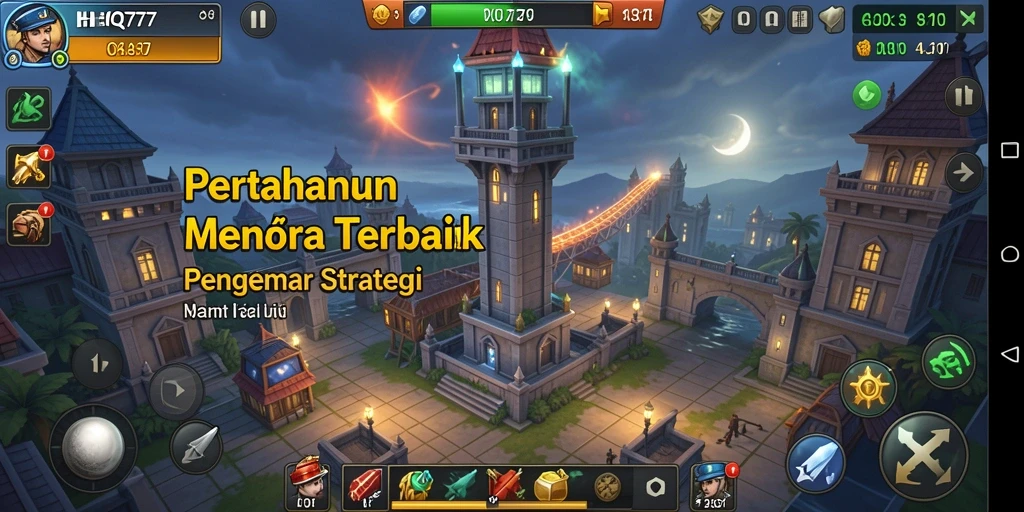Gameplay menegangkan dalam HQ777 dengan berbagai menara yang digunakan.