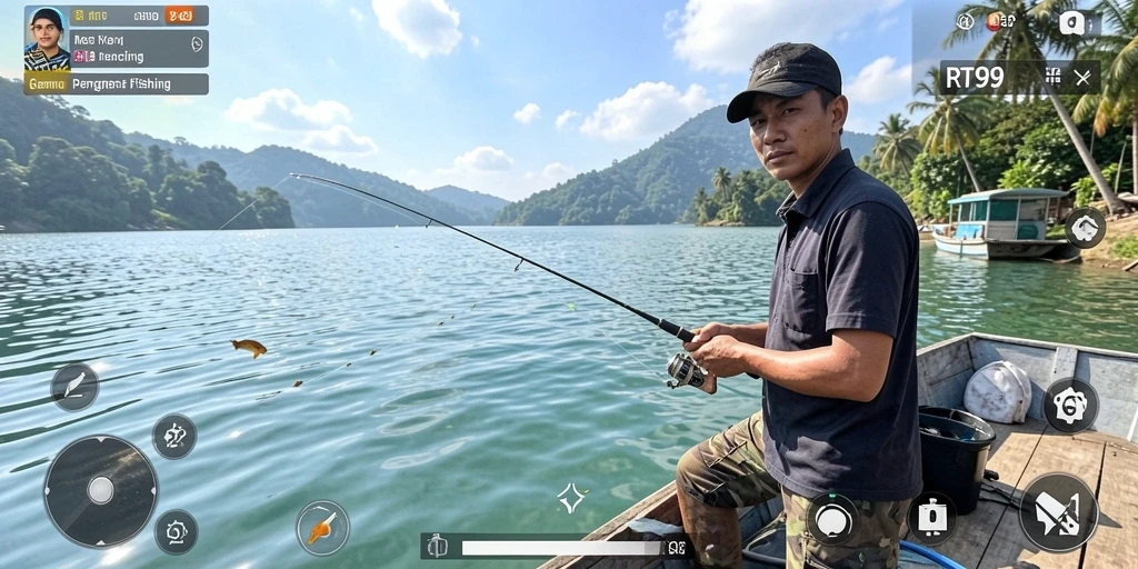 Screenshot gameplay yang menunjukkan aksi memancing seru di RT99.