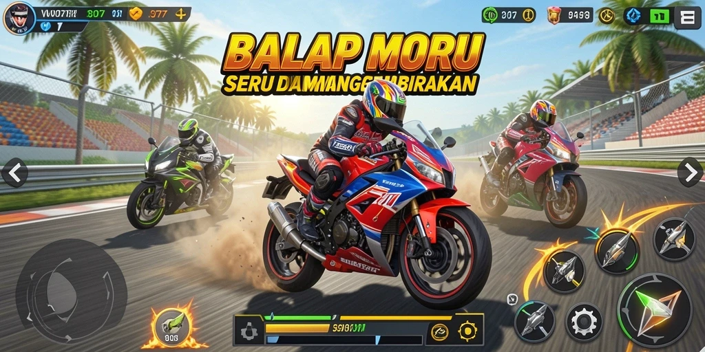 Gameplay balap motor yang penuh aksi dan kecepatan tinggi.